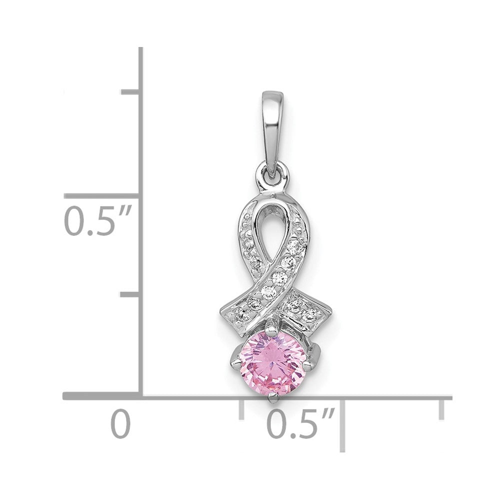 Sterling Silver Rhodium Plated Polished Pink & White CZ Awareness Ribbon Pendant