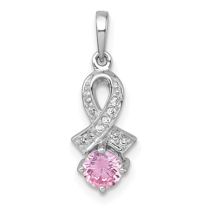Sterling Silver Rhodium Plated Polished Pink & White CZ Awareness Ribbon Pendant