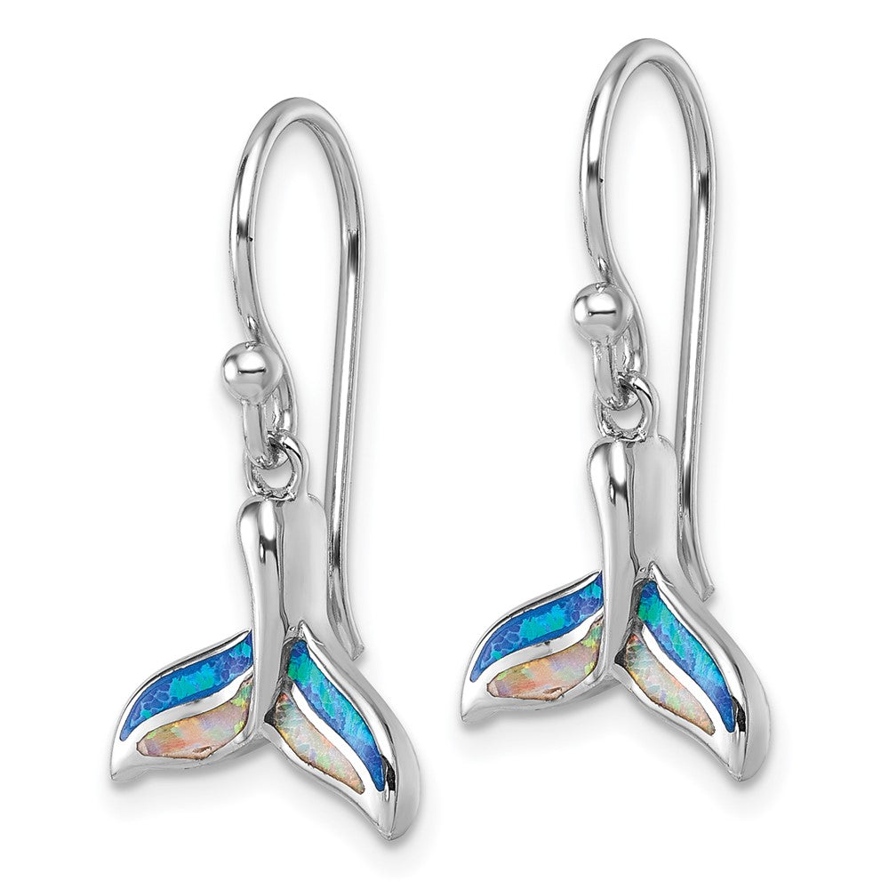 Sterling Silver Rhodium Plated Created Opal Whale Tail Dangle Earrings