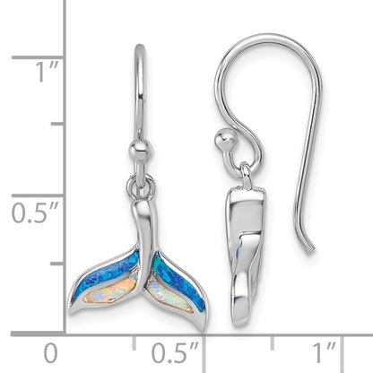 Sterling Silver Rhodium Plated Created Opal Whale Tail Dangle Earrings