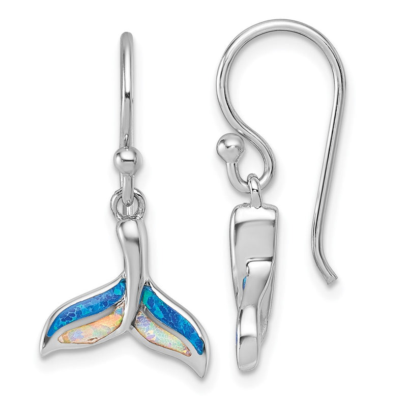 Sterling Silver Rhodium Plated Created Opal Whale Tail Dangle Earrings