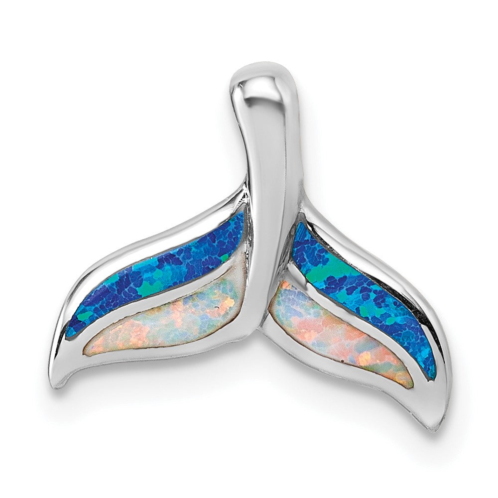 Sterling Silver Rhodium Plated Created Opal Whale Tail Chain Slide Pendant