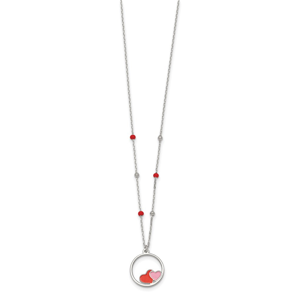 Sterling Silver Polished Beaded Enamel Hearts Circle Children's Necklace