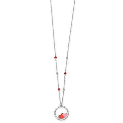 Sterling Silver Polished Beaded Enamel Hearts Circle Children's Necklace