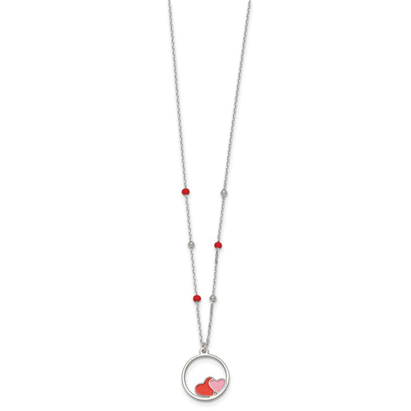 Sterling Silver Polished Beaded Enamel Hearts Circle Children's Necklace