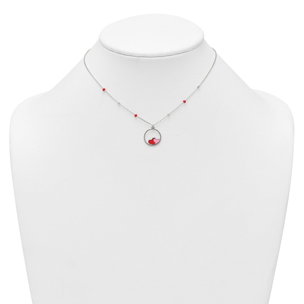 Sterling Silver Polished Beaded Enamel Hearts Circle Children's Necklace