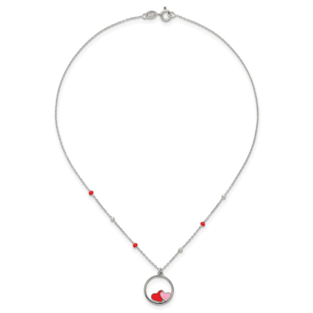 Sterling Silver Polished Beaded Enamel Hearts Circle Children's Necklace