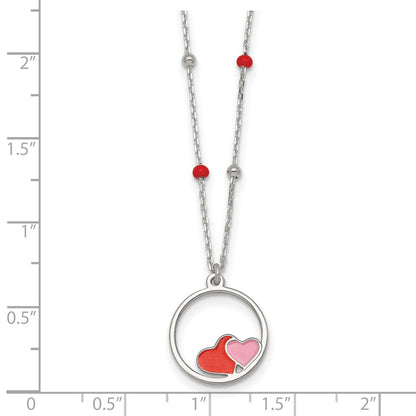 Sterling Silver Polished Beaded Enamel Hearts Circle Children's Necklace