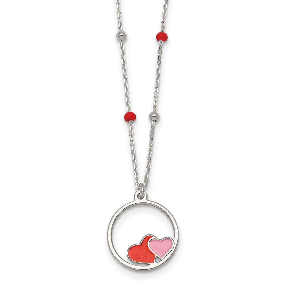 Sterling Silver Polished Beaded Enamel Hearts Circle Children's Necklace