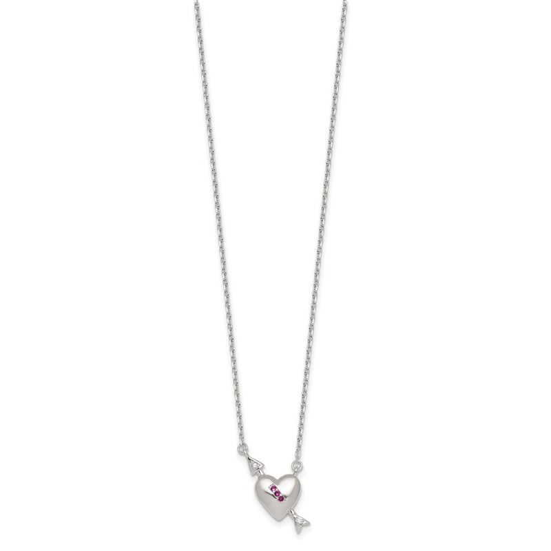 Sterling Silver Pink and White CZ Heart and Arrow W/ 2in Ext Necklace