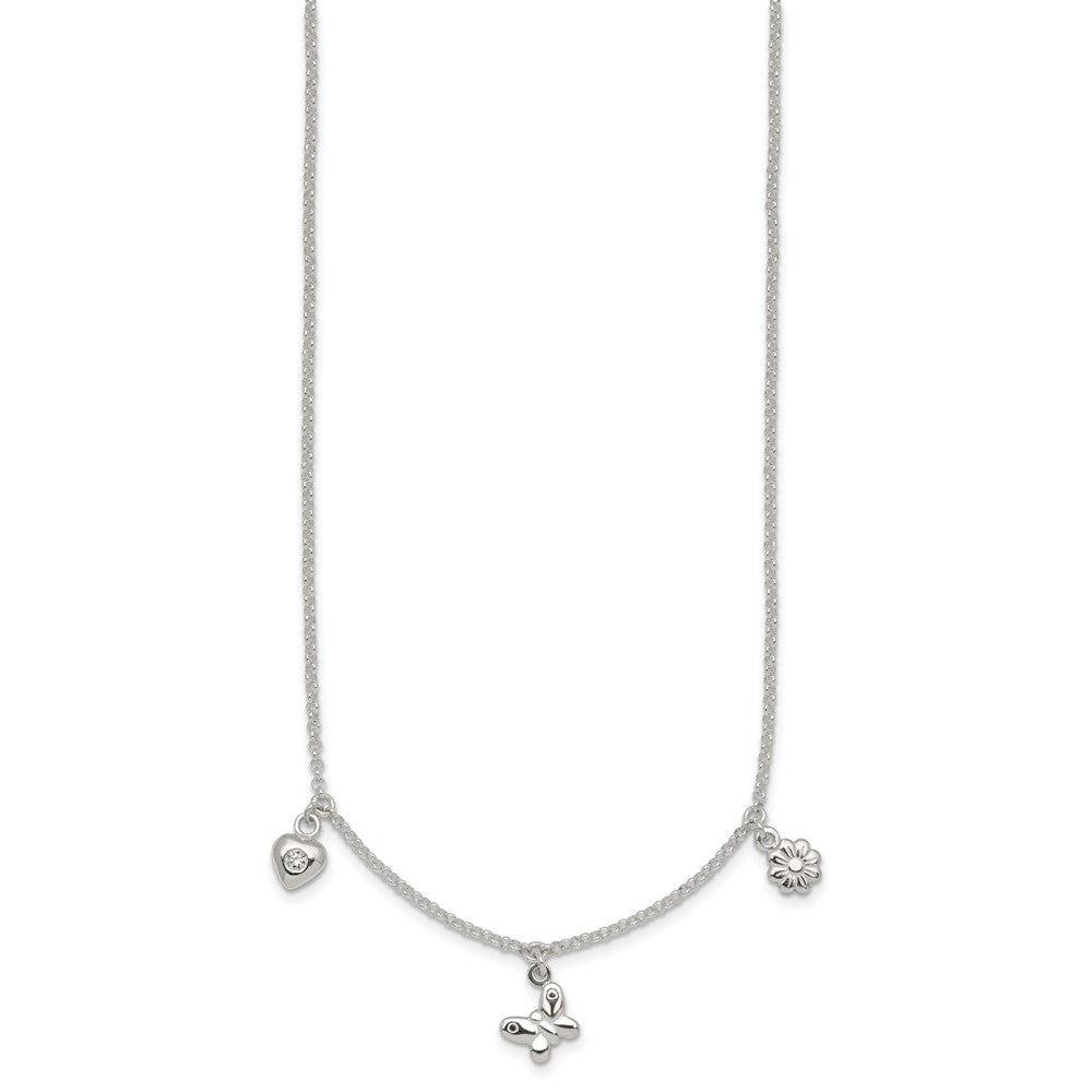 Sterling Silver Polished CZ Flower Butterfly and Heart W/ 1in Ext Children's Necklace