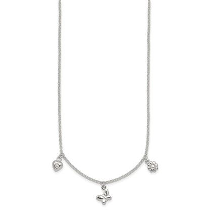 Sterling Silver Polished CZ Flower Butterfly and Heart W/ 1in Ext Children's Necklace