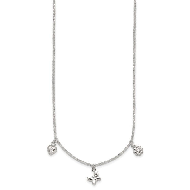 Sterling Silver Polished CZ Flower Butterfly and Heart W/ 1in Ext Children's Necklace