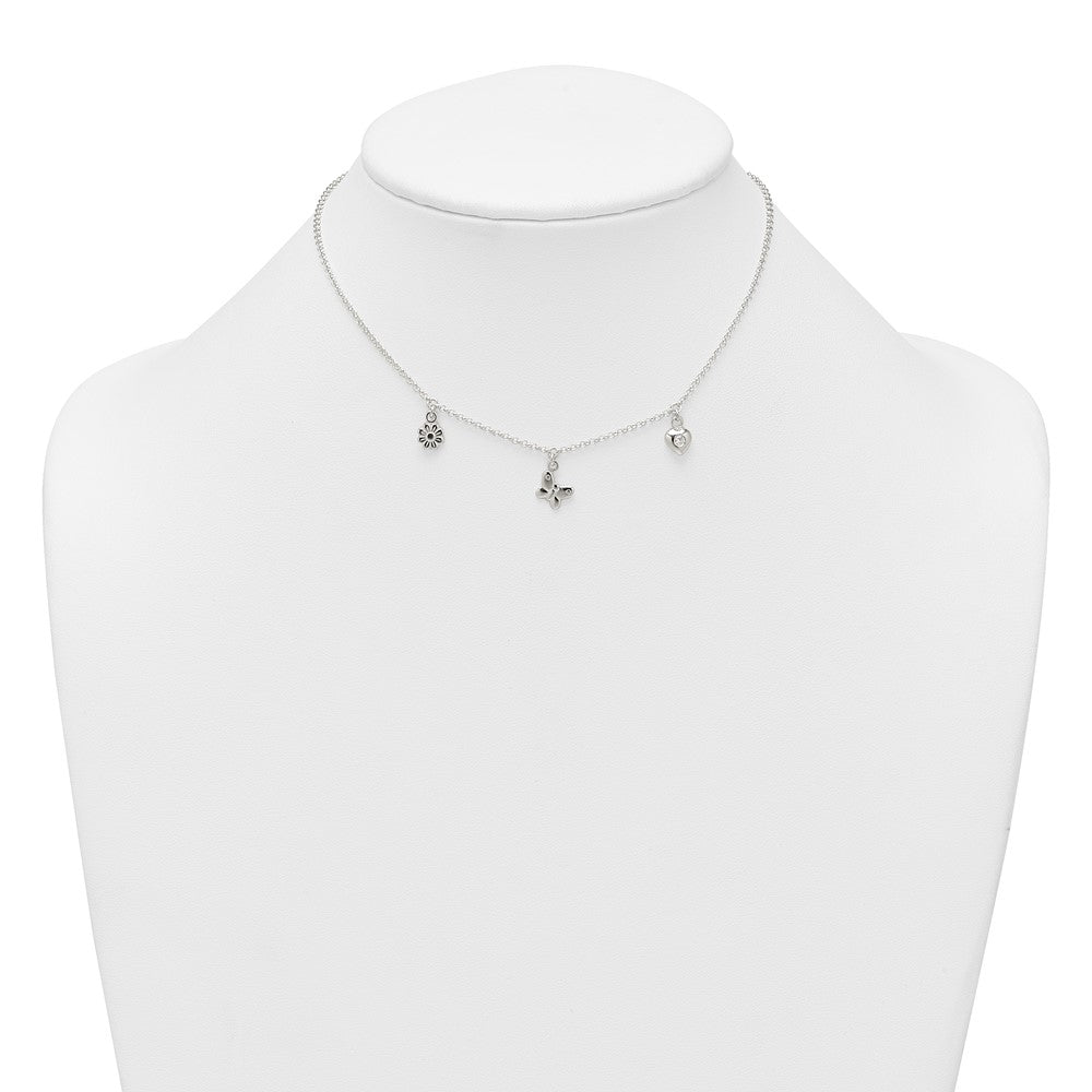 Sterling Silver Polished CZ Flower Butterfly and Heart W/ 1in Ext Children's Necklace