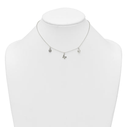 Sterling Silver Polished CZ Flower Butterfly and Heart W/ 1in Ext Children's Necklace