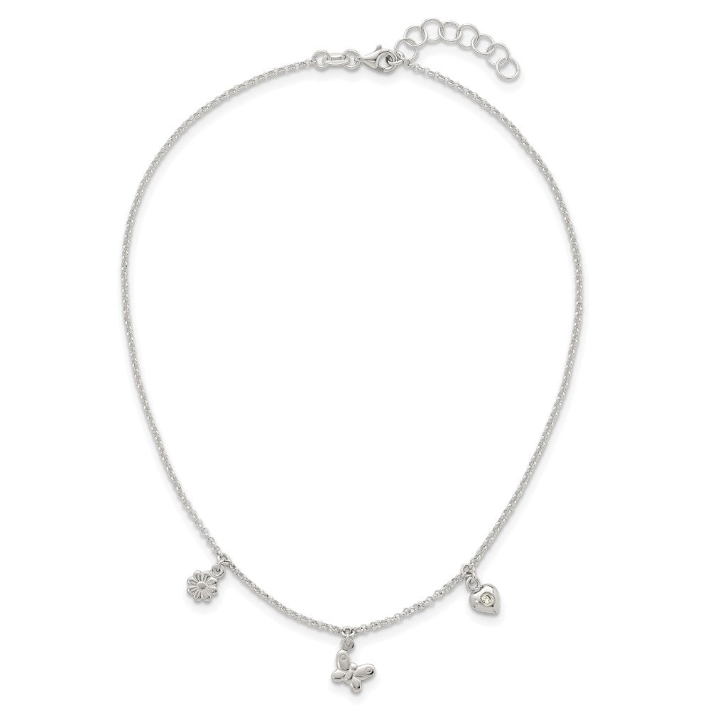 Sterling Silver Polished CZ Flower Butterfly and Heart W/ 1in Ext Children's Necklace