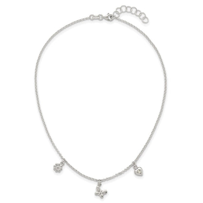 Sterling Silver Polished CZ Flower Butterfly and Heart W/ 1in Ext Children's Necklace