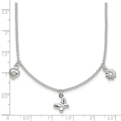 Sterling Silver Polished CZ Flower Butterfly and Heart W/ 1in Ext Children's Necklace