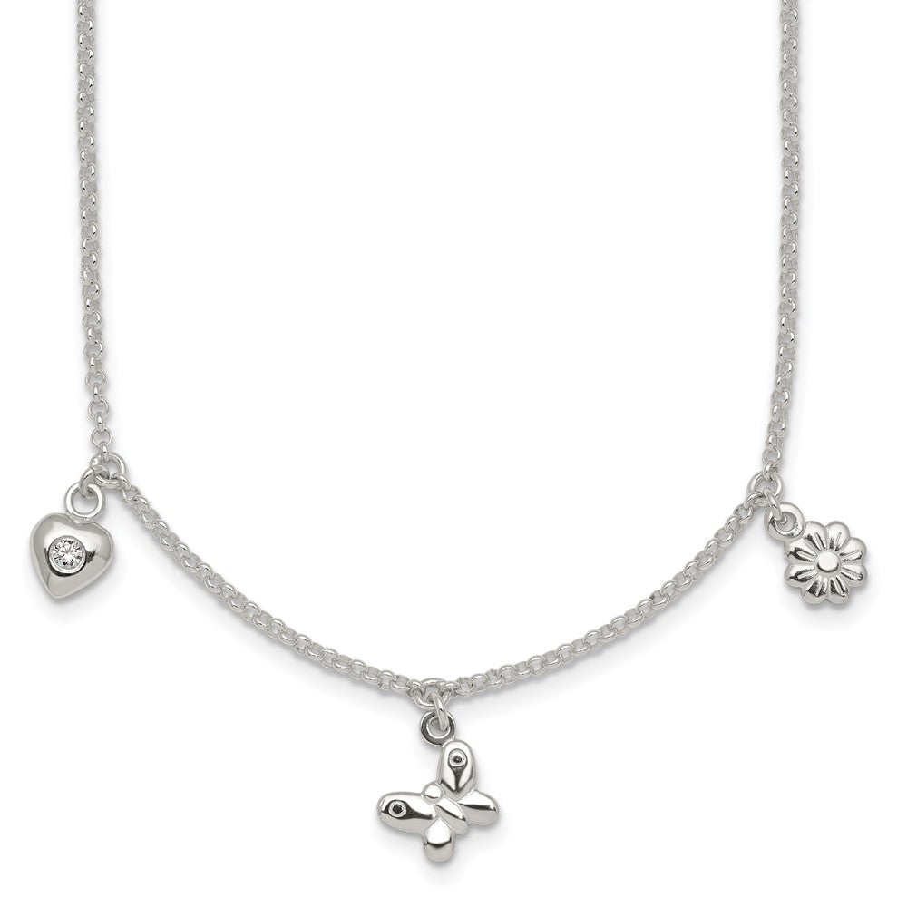 Sterling Silver Polished CZ Flower Butterfly and Heart W/ 1in Ext Children's Necklace