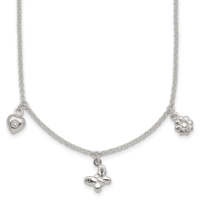 Sterling Silver Polished CZ Flower Butterfly and Heart W/ 1in Ext Children's Necklace