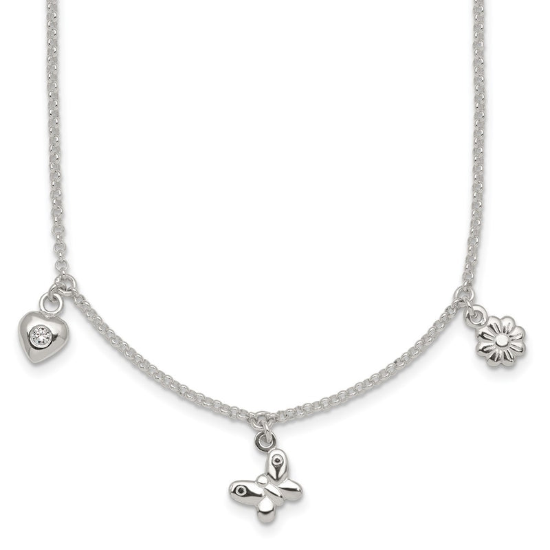 Sterling Silver Polished CZ Flower Butterfly and Heart W/ 1in Ext Children's Necklace