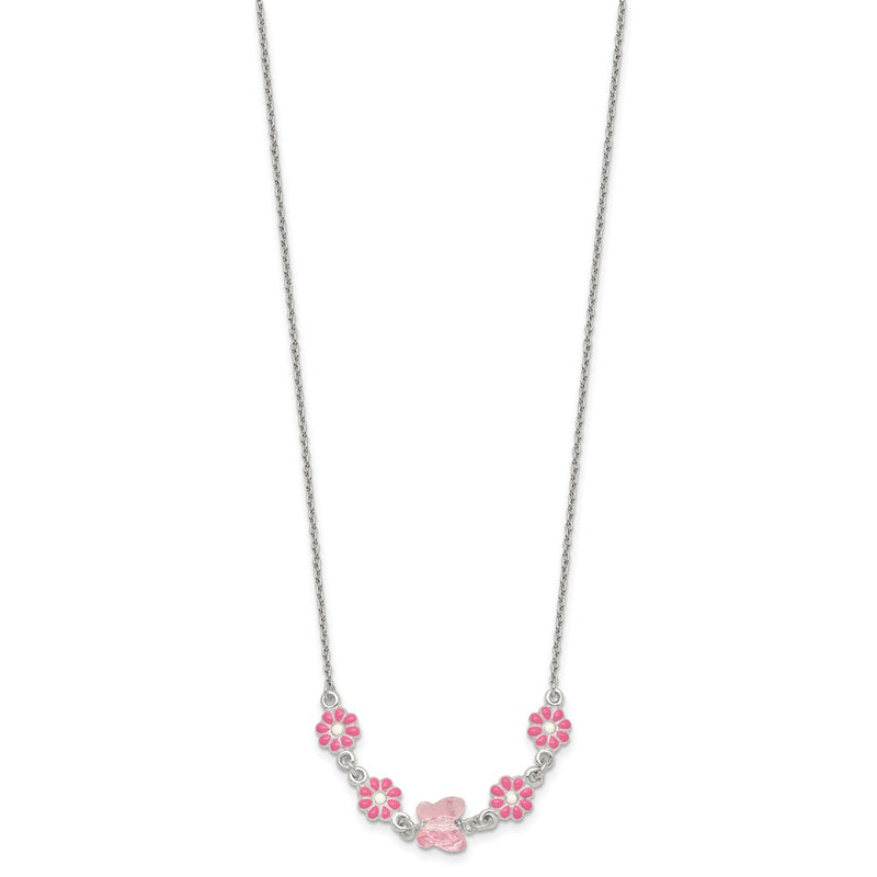 Sterling Silver Glass Butterfly and Enameled Flowers Children's Necklace