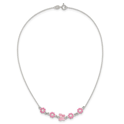 Sterling Silver Glass Butterfly and Enameled Flowers Children's Necklace