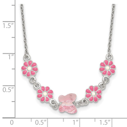 Sterling Silver Glass Butterfly and Enameled Flowers Children's Necklace