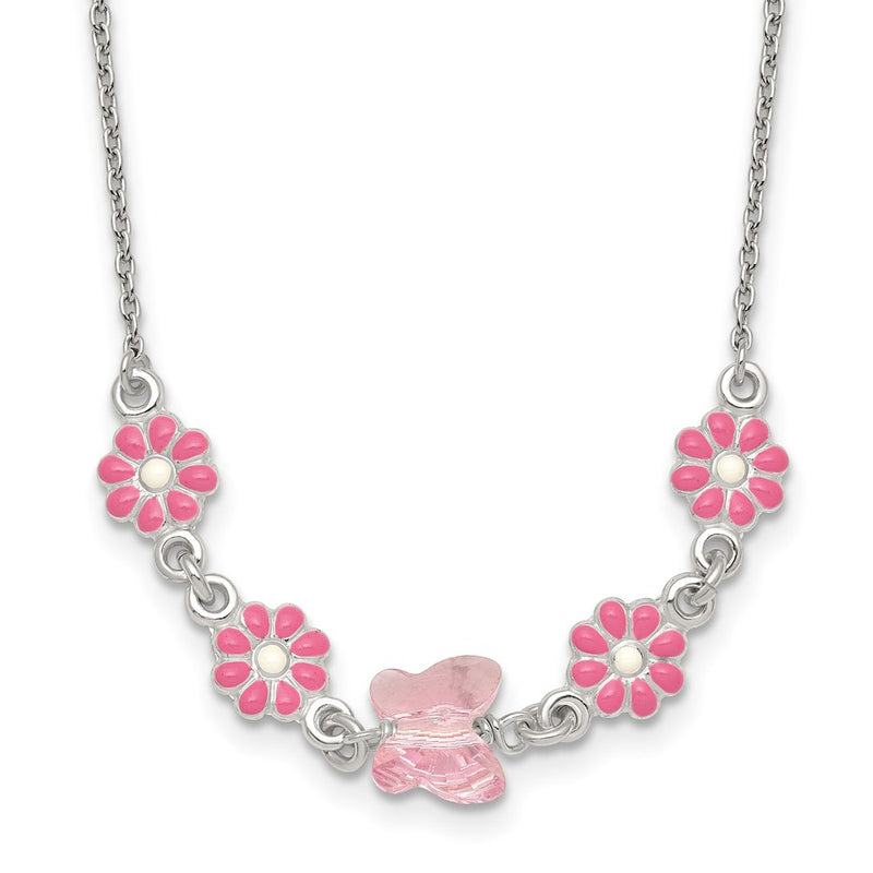 Sterling Silver Glass Butterfly and Enameled Flowers Children's Necklace