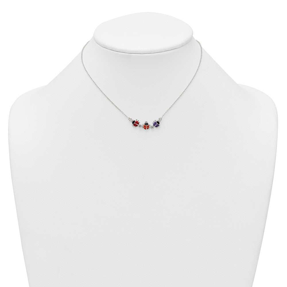 Sterling Silver CZ and Enameled Multicolor Lady Bugs Children's Necklace
