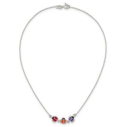 Sterling Silver CZ and Enameled Multicolor Lady Bugs Children's Necklace