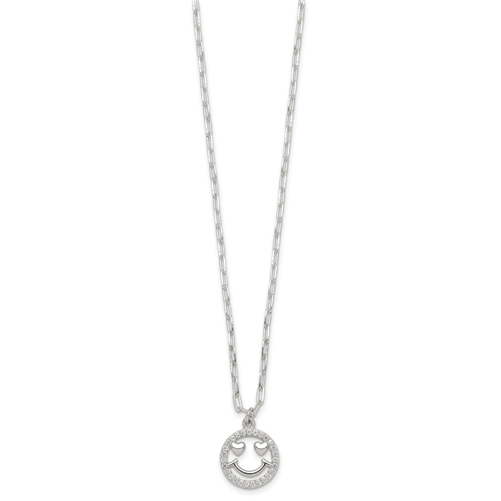 Sterling Silver Polished CZ Heart Eyes Smiley Face Necklace