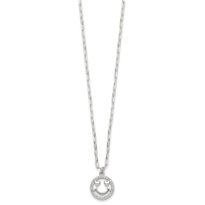 Sterling Silver Polished CZ Heart Eyes Smiley Face Necklace