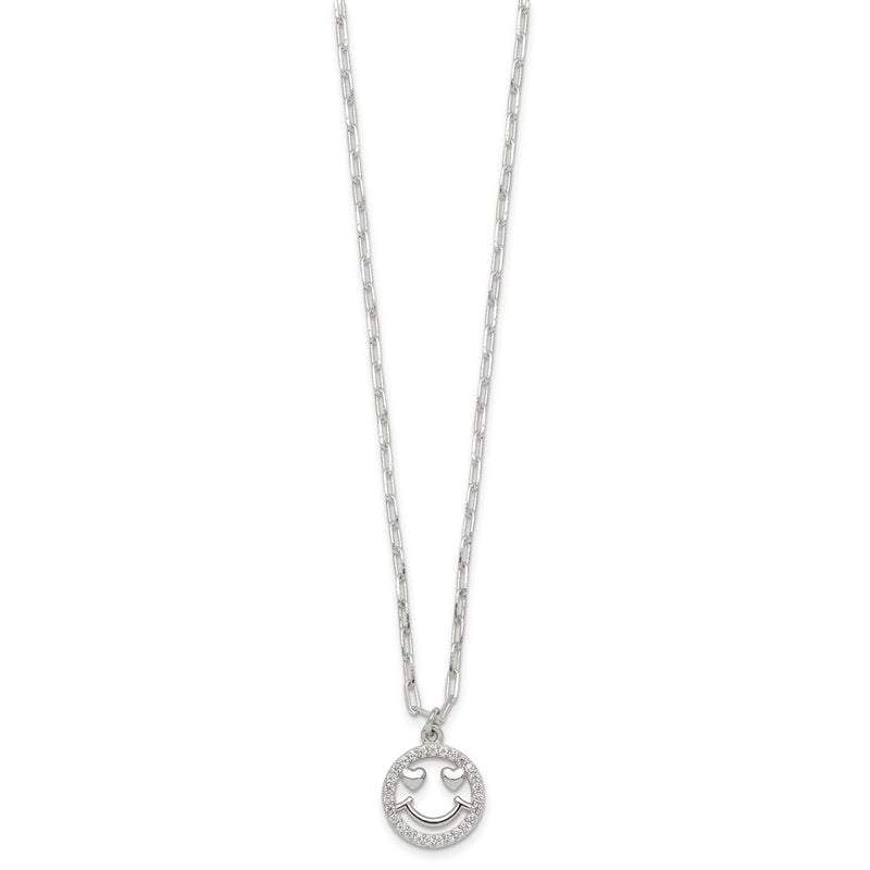 Sterling Silver Polished CZ Heart Eyes Smiley Face Necklace