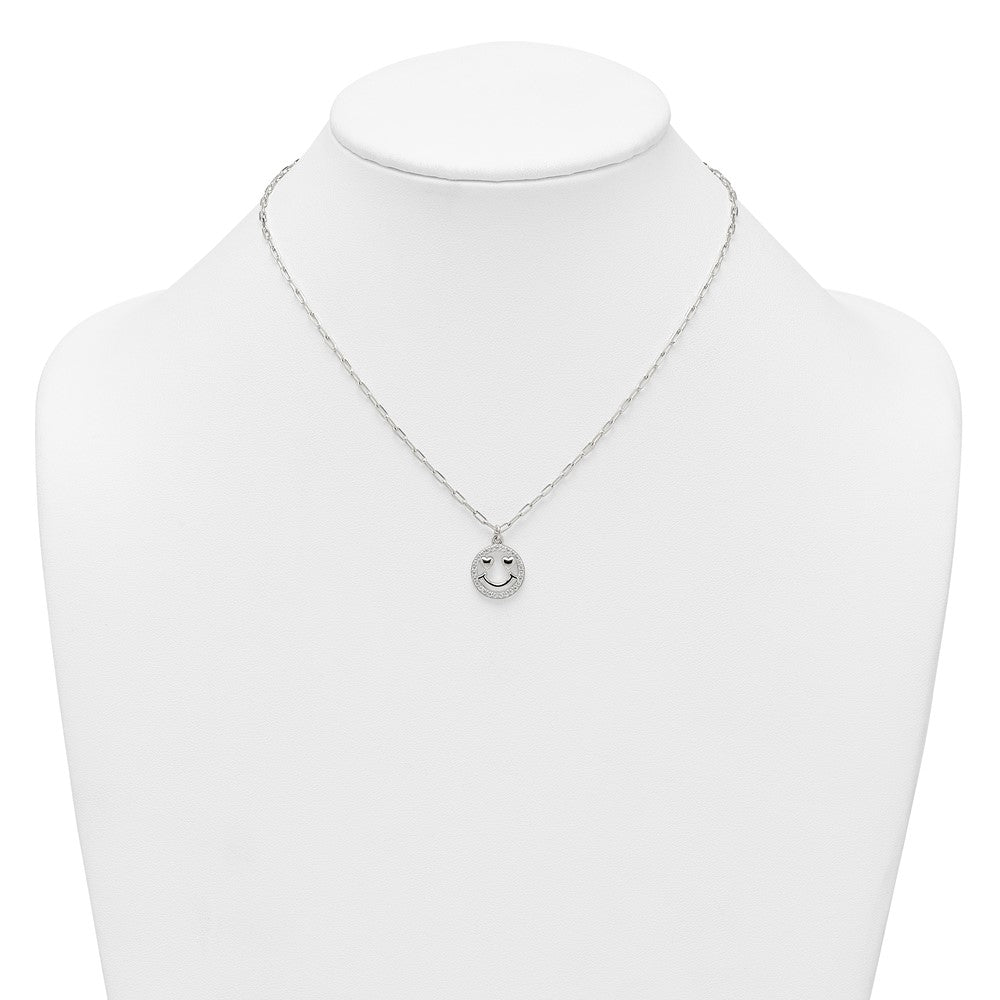 Sterling Silver Polished CZ Heart Eyes Smiley Face Necklace