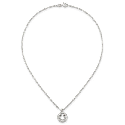 Sterling Silver Polished CZ Heart Eyes Smiley Face Necklace