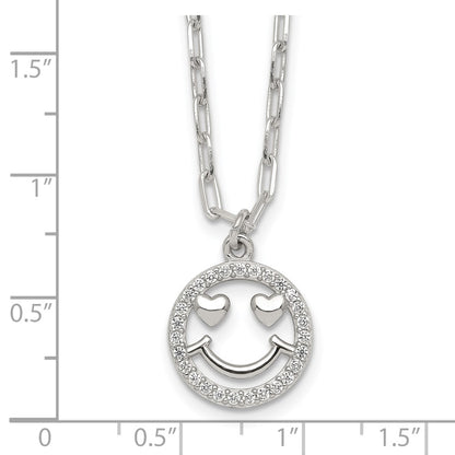 Sterling Silver Polished CZ Heart Eyes Smiley Face Necklace