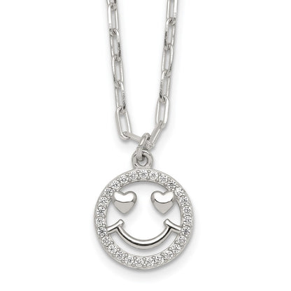 Sterling Silver Polished CZ Heart Eyes Smiley Face Necklace
