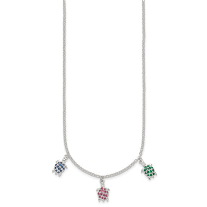 Sterling Silver Polished Green Red and Blue Nano Crystal Turtles Necklace