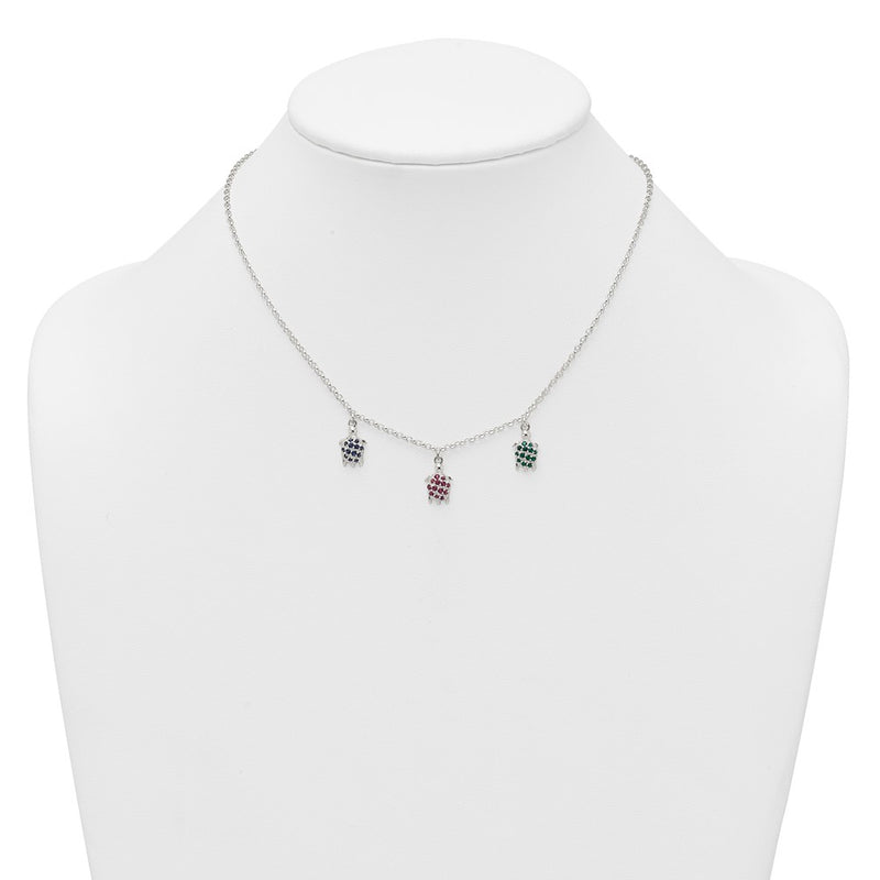 Sterling Silver Polished Green Red and Blue Nano Crystal Turtles Necklace