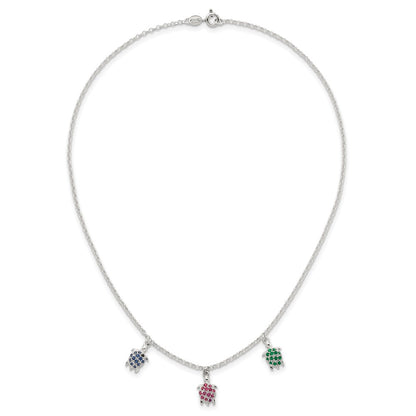 Sterling Silver Polished Green Red and Blue Nano Crystal Turtles Necklace