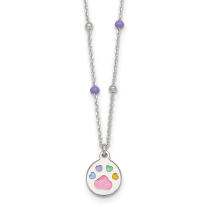 Sterling Silver Beaded Enameled Heart Pawprint Children's Necklace