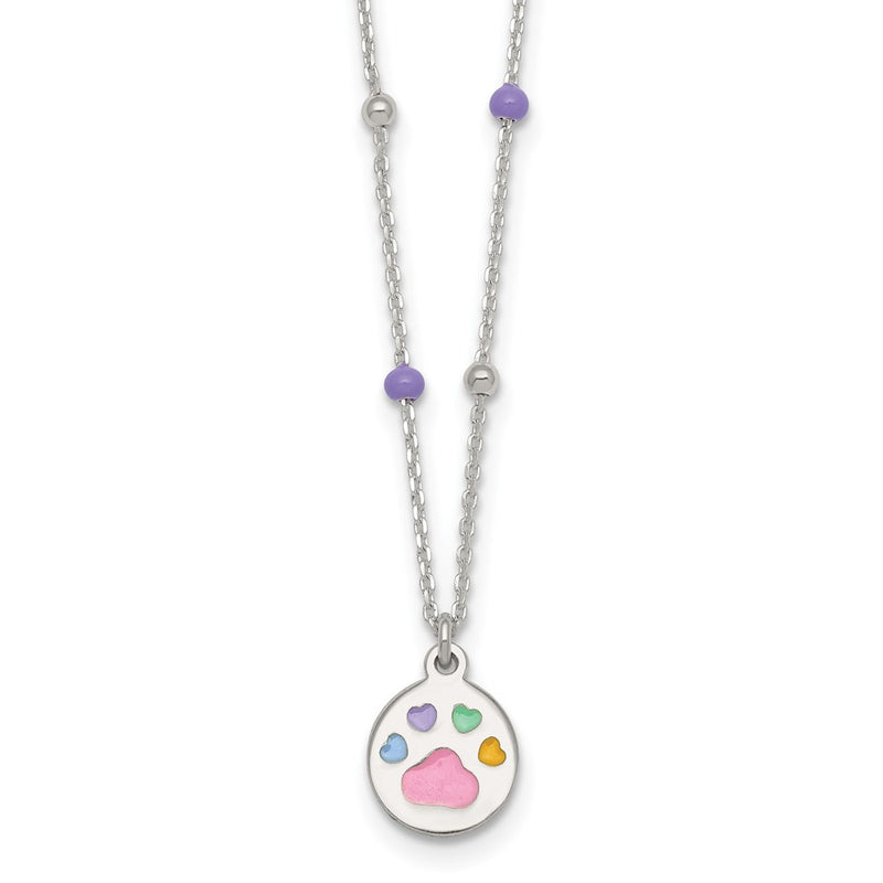 Sterling Silver Beaded Enameled Heart Pawprint Children's Necklace