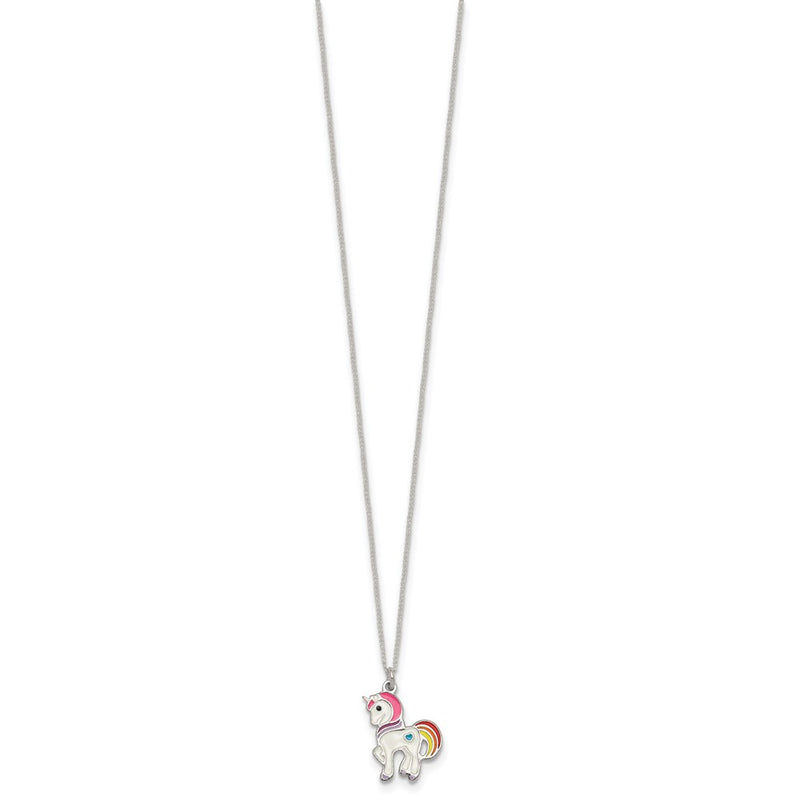 Sterling Silver Polished Enameled Unicorn Children's Necklace