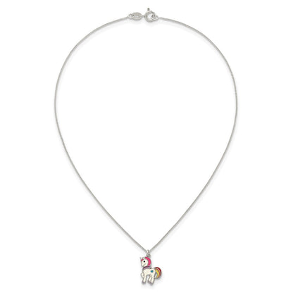 Sterling Silver Polished Enameled Unicorn Children's Necklace
