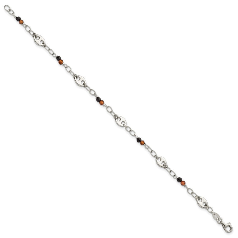 Sterling Silver Polished Garnet and Spinel Puffed Mariner Link Bracelet
