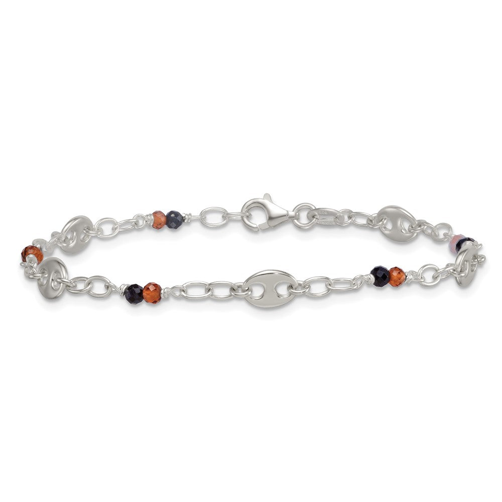 Sterling Silver Polished Garnet and Spinel Puffed Mariner Link Bracelet