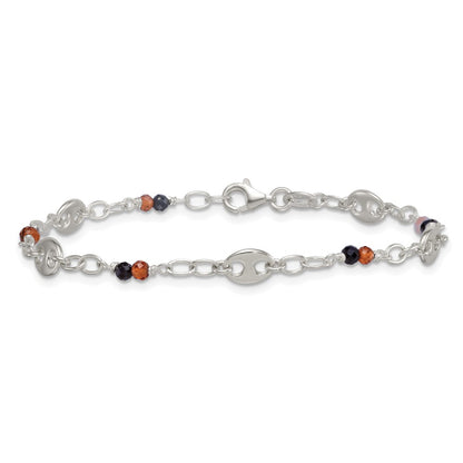 Sterling Silver Polished Garnet and Spinel Puffed Mariner Link Bracelet