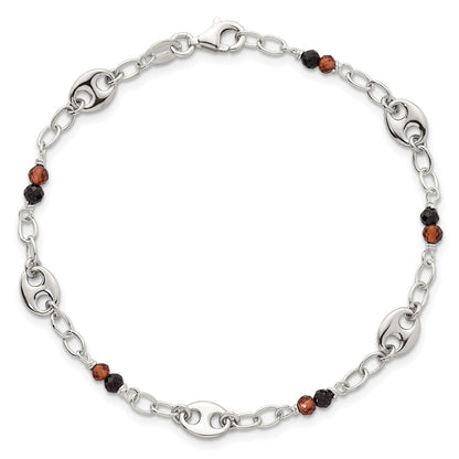 Sterling Silver Polished Garnet and Spinel Puffed Mariner Link Bracelet