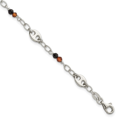 Sterling Silver Polished Garnet and Spinel Puffed Mariner Link Bracelet